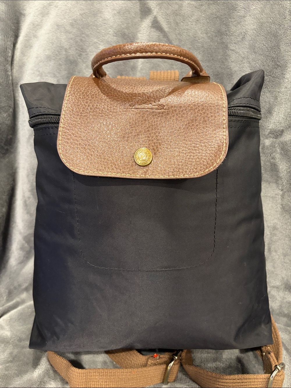 Longchamp Black Nylon Backpack with Brown Leather Trim